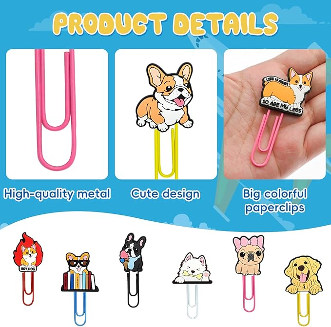30 PCS Dog Paper Clips Metal Paperclip Large Size Paper Clip Cute Bookmark Colorful Office Supplies Bookmark Clamp Desk Accessories Stationery for School Gifts for Christian