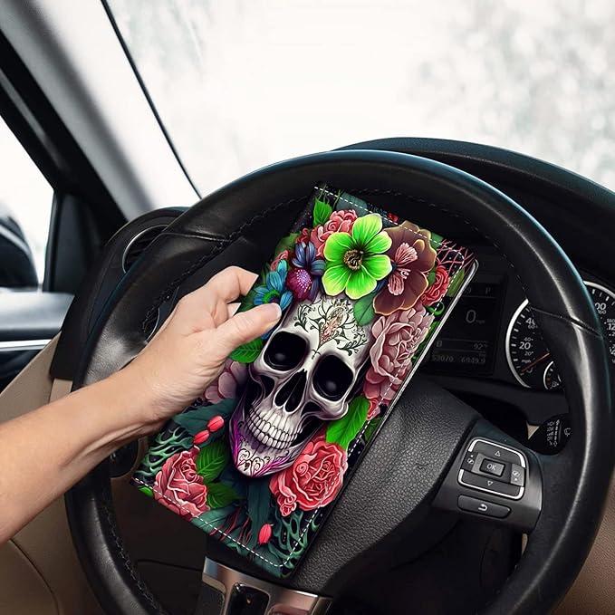 Car Registration and Insurance Holder, Leather Car Glove Box Organizer, Cool Car Accessories for ID, Driver's License Cards & Essential Document,business cards,Men&WomenSkull Pink Rose Flower
