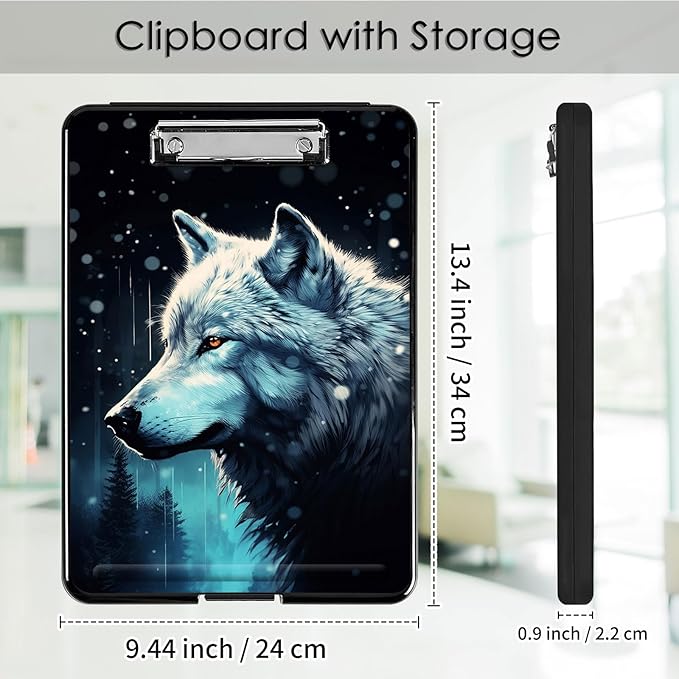Clipboard with Storage,Office Supplies Nursing Clipboards Folder with Pen Holder Plastic Foldable Clip Board with Storage for Nurse Teacher,Misty Forest Wolf