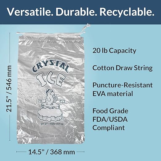 Pinnacle Mercantile 20 lb. Drawstring Ice Bags (30-Count) Heavy-Duty, Puncture-Resistant EVA | Cotton Pull Closure | Disposable, Recyclable | Portable Storage and Freezer Keeper