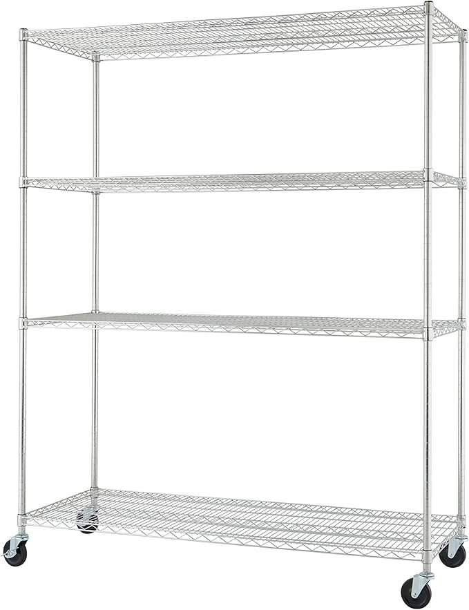 Trinity Basics 4-Tier Adjustable Wire Shelving with Wheels for Kitchen Organization, Garage Storage, Laundry Room, NSF Certified, 600 to 1800 Pound Capacity, 60” by 24” by 72”, EcoStorage Chrome