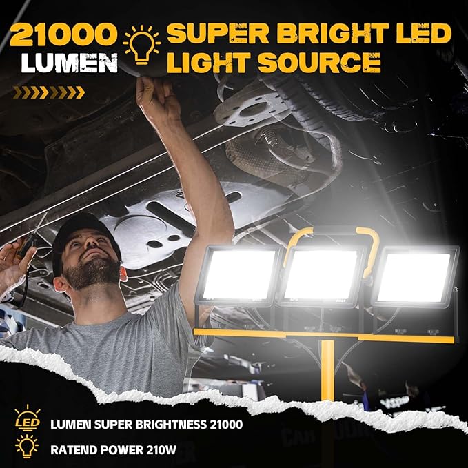 21000 Lumen Work Lights with Stand, 3 Adjustable Head LED Work Light, with Adjustable and Foldable Tripod Stand, Waterproof Lamp with Individual Switch with 6500 Kelvin Color (3-Head-Yellow)