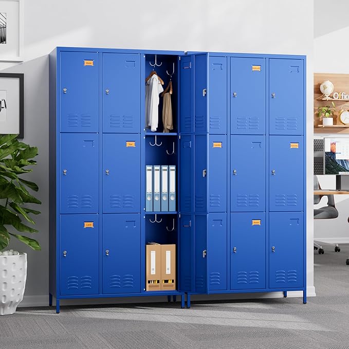 Employee Lockers with 9 Doors,Metal Locker for Employees with 27 Hooks,Metal Locker for Home Office,Assembly Required,Blue