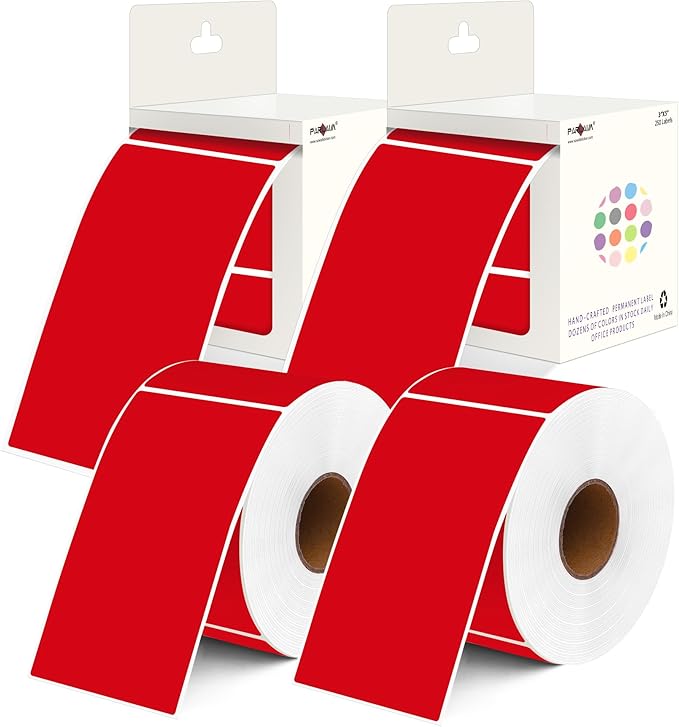 PARLAIM 3x5 inch Rectangle Color Code Stickers, 1000PCS 4 Rolls Square Adhesive Inventory Label, Red