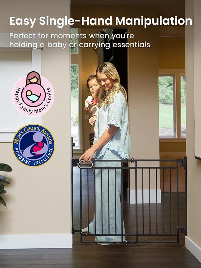 Grownsy No Bottom Bar Baby Gate for Stairs, Adjustable Width 32” to 48” for Child and Pet, Dog Gate with Auto-Close & One-Hand Operation, Hardware-Mounted Installation for Doorways and Indoor,Black