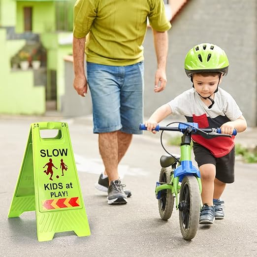 3 Pack Slow Kids at Play Sign, Children Playing Sign for Street with Reflective Tapes Handle, 24 Inch High Visibility Green Kids Pets Caution Warning for School, Sidewalk, Driveway, Park