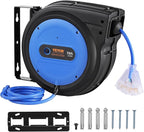 VEVOR 75FT Retractable Extension Cord Reel, 14AWG/3C SJTOW Heavy Duty Power Cord w/Lighted Electrical Triple Tap Outlets, 13A Circuit Breaker,180° Swivel Bracket for Workshop or Garage, Blue