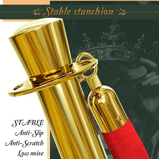 4PCS Top Crown Decoration Gold Stanchions Posts with 3PCS 5 ft Red Velvet Rope, Red Velvet Rope Stanchion Set Crowd Control Barriers, Stanchions and Velvet Ropes Red Carpet Poles for Party Supplies