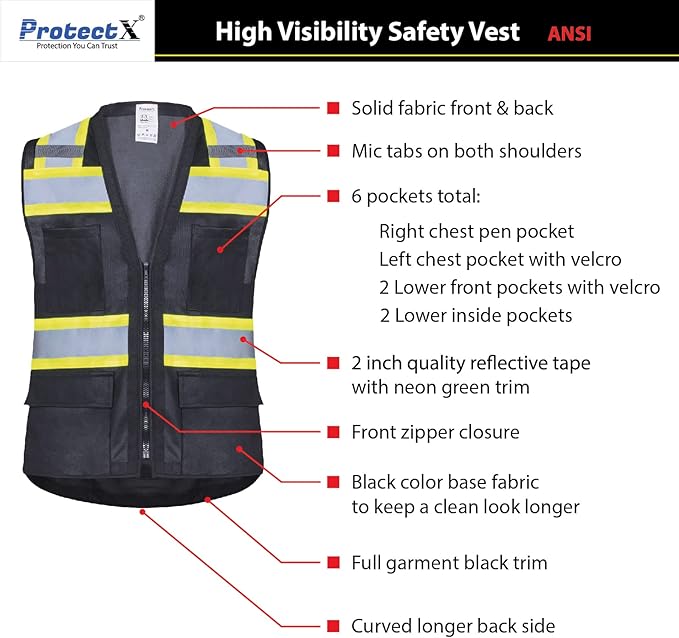 ProtectX 6 Pockets High Visibility Safety Vest for Men Women Class 2 Reflective Hi Vis Work Construction Vest