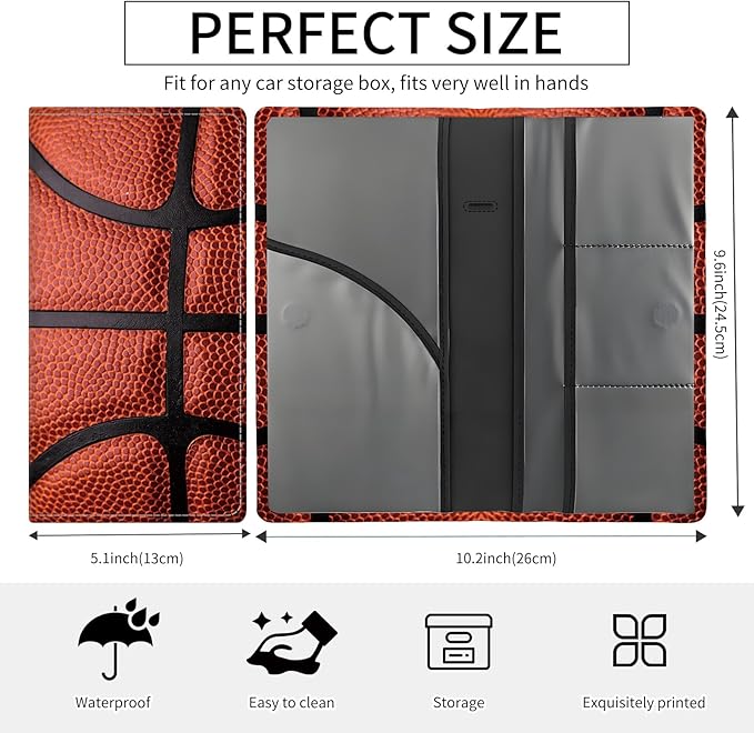 Premium Car Registration and Insurance Card Holder, Cute PU Leather Car Document Holder, Vehicle Glove Box Car Organizer with Magnetic Closure for Driver License, Cards Basketball Texture