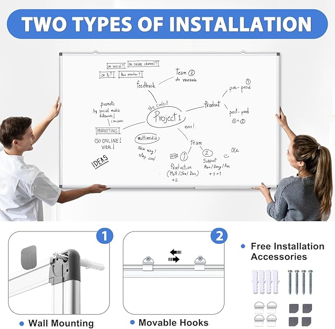 WALGLASS Large White Board Dry Erase for Wall, 48'' x 36'' Double-Sided Magnetic Whiteboard with Aluminium Frame, Hanging & Wall Mount for Home Office School