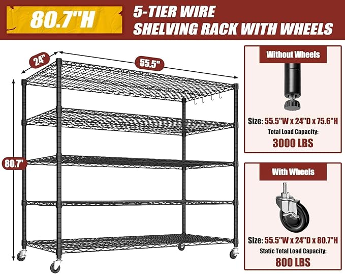 PrimeZone 5 Tier 80.7" H x 55.5" W x 24" D Wire Shelving with Wheels 3000lbs NSF Certified Storage Shelves Heavy Duty Metal Shelf Adjustable Rolling Rack Commercial Garage Restaurant Warehouse 8Pack