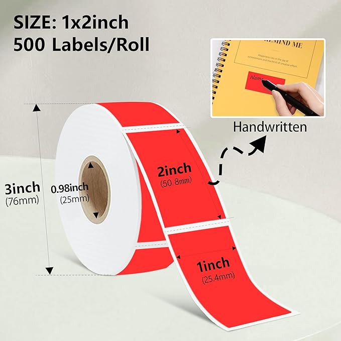 1X2 inch Label Stickers Roll for Thermal Printer 500PCS Colored Removable Freezer Labels Waterproof Blank Sticker Labels to Write on for Food Containers and Jars, Fluorescent Red