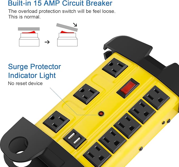Heavy Duty Power Strip with USB, Workshop 8 Outlet Surge Protector 2700 Joules, Industrial Metal 15Amp Power Strip, 12 FT Extension Cord and Wide Spaced.