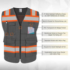 TCCFCCT Safety Vest for Men Women 5 Pockets Mesh High Visibility Reflective Vest with Reinforced Zipper, Durable Construction Work Vest with Fluorescent Orange Edge, Meets ANSI/ISEA, DW-Grey, L