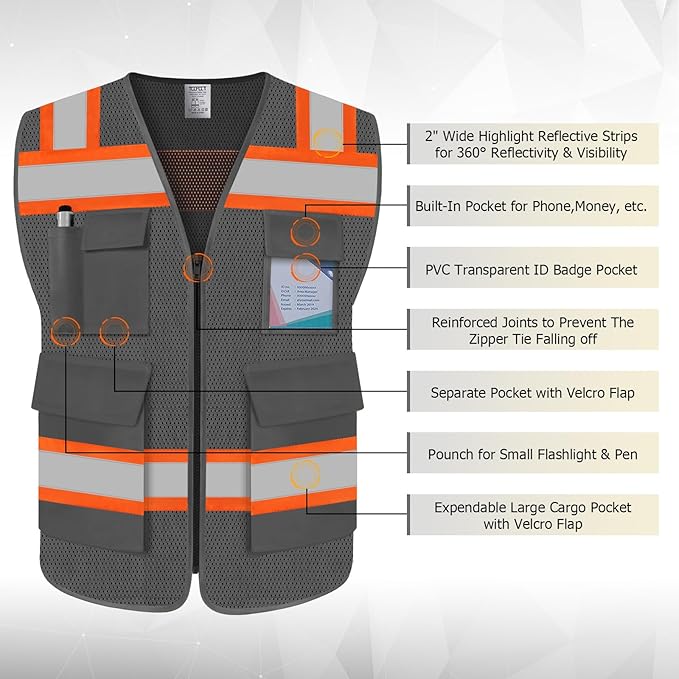 TCCFCCT Safety Vest for Men Women 5 Pockets Mesh High Visibility Reflective Vest with Reinforced Zipper, Durable Construction Work Vest with Fluorescent Orange Edge, Meets ANSI/ISEA, DW-Grey, 3XL