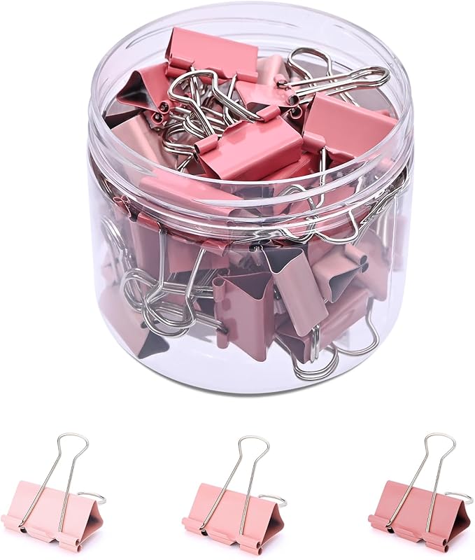 Temiary Aesthetic Binder Clips, 40 Pcs 0.75 Inches Small Metal Binder Clip with Clear Storage Container, Binding Paperwork Clamps for School Teachers Office Supplies (Pink)