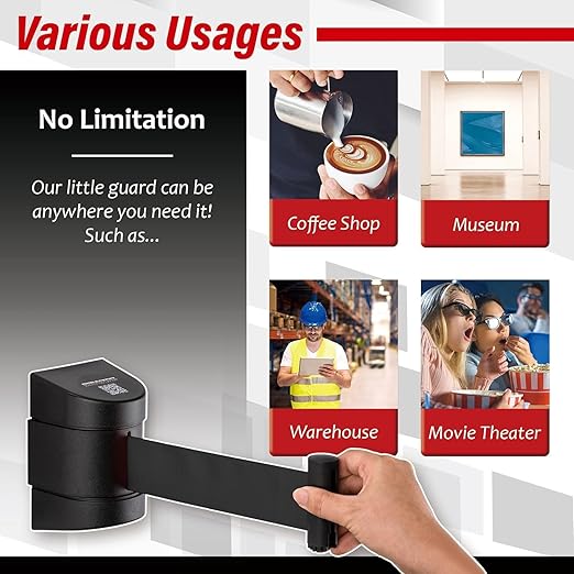 DuraSteel Wall Mount Crowd Control Retractable Belt Barrier - 9.2 Ft Black Retractables Barrier Belt w/ABS Casing Do Not Enter Crowd Control Barriers Line Divider NOT Stanchions with Retractable Belts