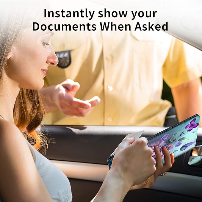 Car Registration and Insurance Holder, Leather Car Glove Box Organizer, Cool Car Accessories for ID, Driver's License Cards & Essential Document, business cards, Men&Women,Pink Butterfly Flower