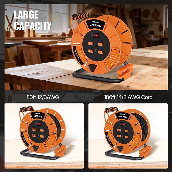 Extension Cord Storage Reel with 4-Grounded Outlet & 2 USB Port, 15A Circuit Breaker, Heavy Duty Open Cord Reel for 12/3,14/3 Gauge Power Cord, Hand Wind Retractable,ETL Listed Orange G85CR06