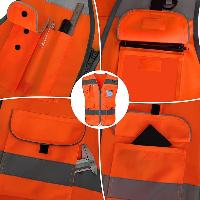 TCCFCCT Hi Vis Vest 9 Pockets High Visibility Reflective Safety Vest for Men Women, Safety Construction Vest with Reflective Strips, Meets ANSI/ISEA Standards, (Orange, Medium)