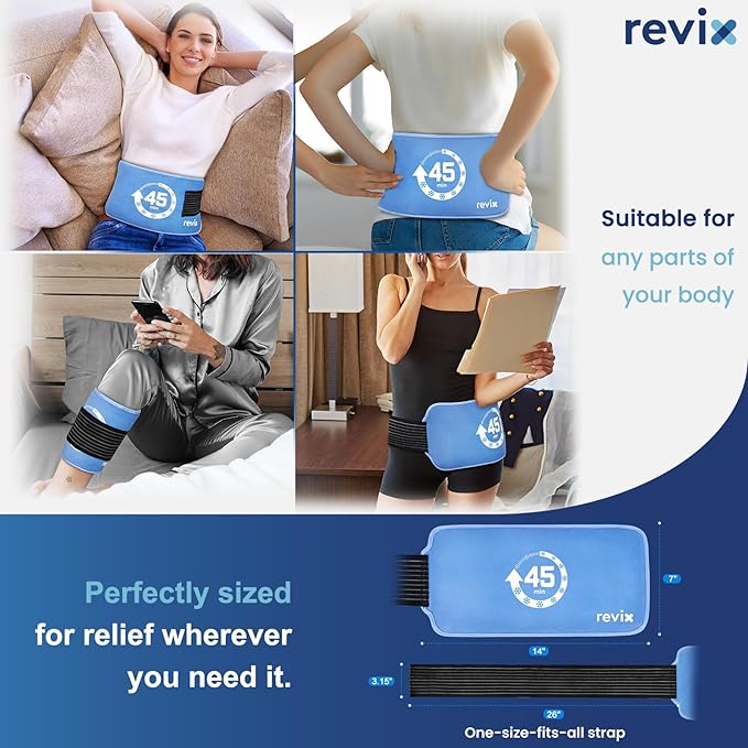 REVIX 45-Minute Long-Lasting Gel Ice Packs Reusable with Ice Grid Gel Design, Soft Cold Packs for Knee & Back with Adjustable Strap, Cold Compression Therapy for Enhancing Comfort, 14 × 7", 2 Packs