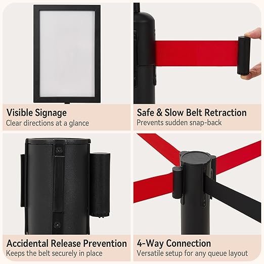 INMOZATA 6 Pack Retractable Belt Stanchions, Black Crowd Control Posts with 6.6FT Belts, Sign Holders, Heavy-Duty Steel Base – Ideal for Events, Auto Shows, Public Venues, Exhibitions