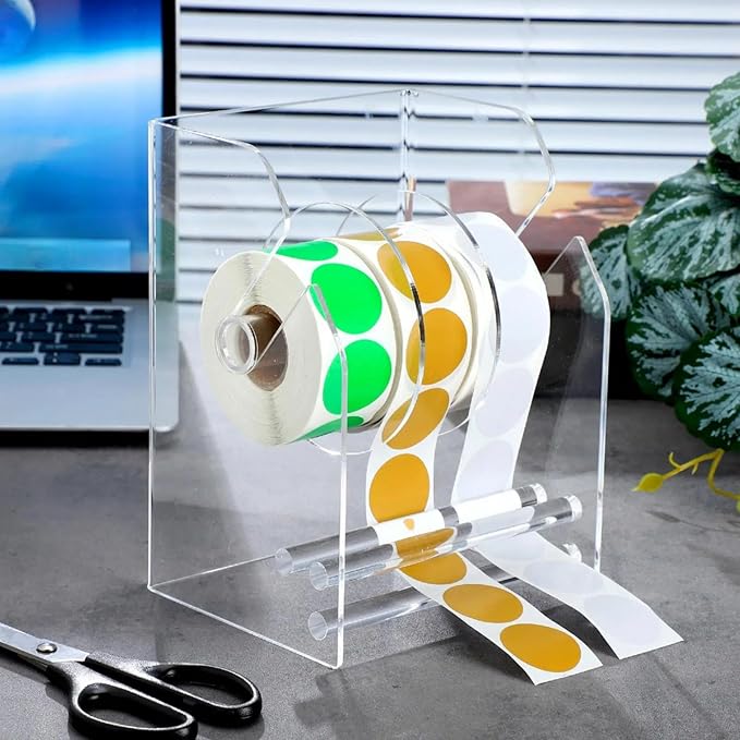 Geosar 3 Pcs Adjustable Label Dispenser 3 Disks Sticker Roll Holder Sticker Dispenser Clear Label Roll Holder Acrylic Tape Organizer Stand for Office Home Desktop