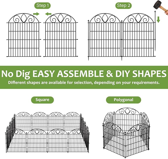 10 Panels No Dig Tall Garden Fence with Gate – 44" H X 23.6' L Rustproof Metal Dog Fence Outdoor for Yard, Decorative Animal Barrier Fence for Pet, Garden Border, Patio, Flower | Temporary Fencing