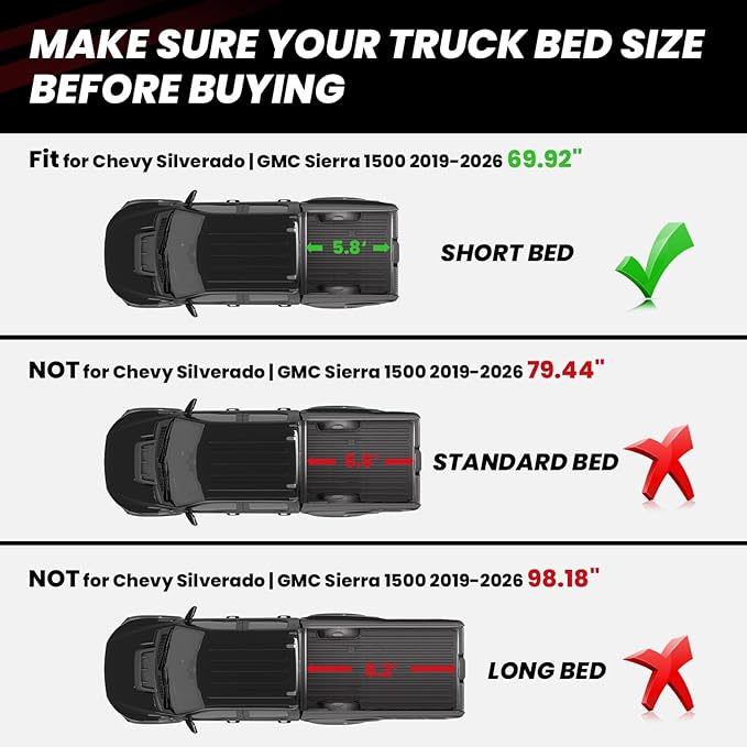 LASFIT Truck Bed Mat 2019-2026 for Chevrolet Chevy Silverado 1500 | GMC Sierra 1500 (Only Fit 5.8FT Bed), Bed Liner for Chevy Silverado GMC Sierra 1500, Not Fit Optional CarbonPro Bed