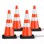 (4 Pack) BATTIFE Traffic Cones 28 Inch with Black Weighted Base, PVC Orange Cone for Traffic Control, Construction Events, Driveway Road Parking Lot