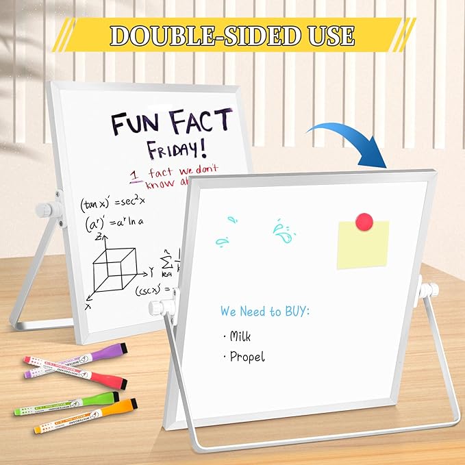 Dry Erase Magnetic White Board, 10" x 10" Double-Sided Desktop Whiteboard with Stand, Portable Small Whiteboard Set for Drawing, Office, Home, School
