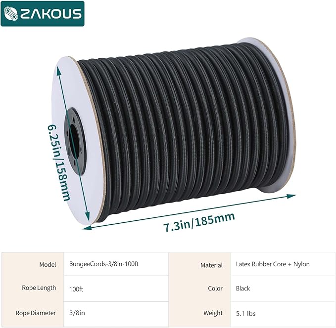 Strong and Durable Bungee Cord - 3/8" x 100ft Elastic Cord, Kayak Stretch String Rope, Bungee Shock Cords for Repairing Tent Poles, DIY, Tie Downs, Black
