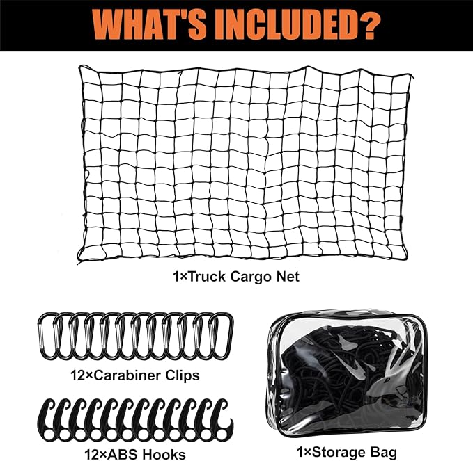 Truck Bed Cargo Net - 4' x 6' Stretches to 8' x 12', Heavy Duty Pickup Truck Bed Cargo Netting, Latex Bungee Net Mesh with Storage Bag, 12 Metal Carabiners, 12 ABS Hooks for SUV, Trailer, Roof Rack