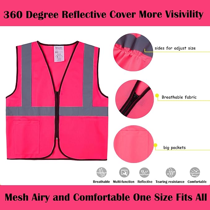 Pink Safety Vests 10 Pack - Reflective High Visibility Construction ANSI Class 2 Work Vests for Men,Woman with Zipper,Hi Vis Mesh and Neon Silver