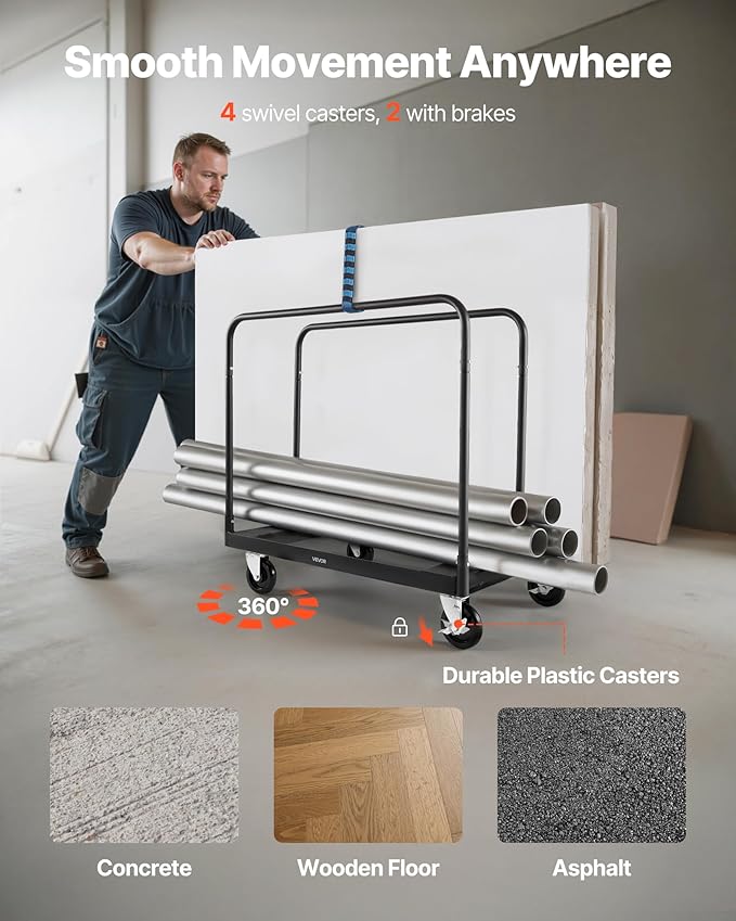 VEVOR Drywall Cart Dolly, 1800 lbs Load Capacity, Steel Panel Truck Cart with 5 inch Swivel Casters, Lumber Drywall Dolly with with Tie-Down Strap & 3 Side Handrails for Factory, Warehouse, Black