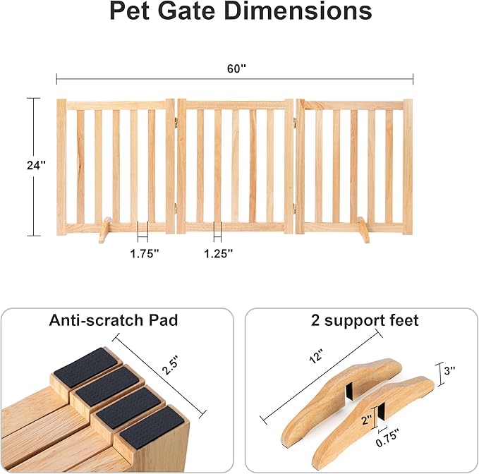Freestanding Pet Gate, Solid Wood Folding Safety Fence Wooden Dog Gate with 2PCS Support Feet Ideal for Stairs, Doorways, Halls, Kitchens, Indoors Gates, 3 Panels 25", Natural Oak