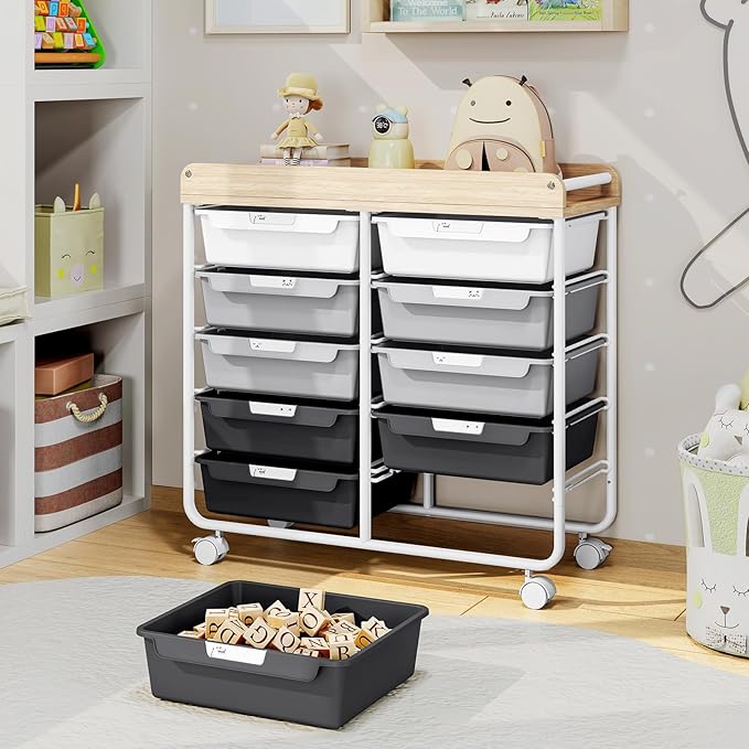 10 Drawers Rolling Cart with Wooden Tabletop, Utility Storage Cart with Wheels, Art Supply Craft Organizer on Wheel with Metal Frame & Handles for Home Office School,Grey