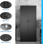 71.41" H Broom Closet Storage Cabinet with Towel Hangles and Adjustable Shelves,Metal Clean Tool Cabinet with Pegboard and Hooks for Garage Laundry Room Home Office,Required Assembly,Black