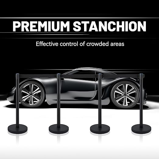 6-Pack Black Stanchion Posts with Retractable Belts, Hollow Sand-Fillable Base for Maximum Stability, Crowd Control Queue Barriers for Theaters, Parties, Weddings, Exhibitions