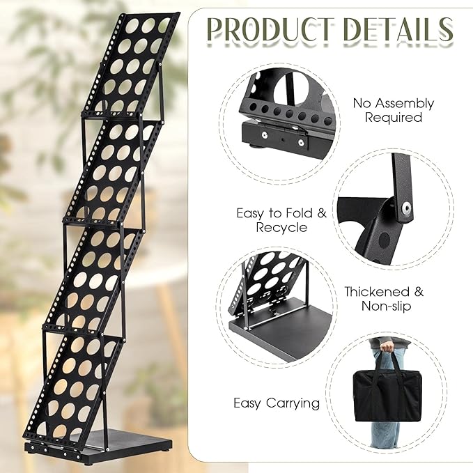 Tatuo 1 Piece Foldable Magazine Rack Metal Catalog Literature Rack Portable 4 Pockets with Carrying Bag Brochure Stand Literature Display Holder Stand for Exhibition Trade Show
