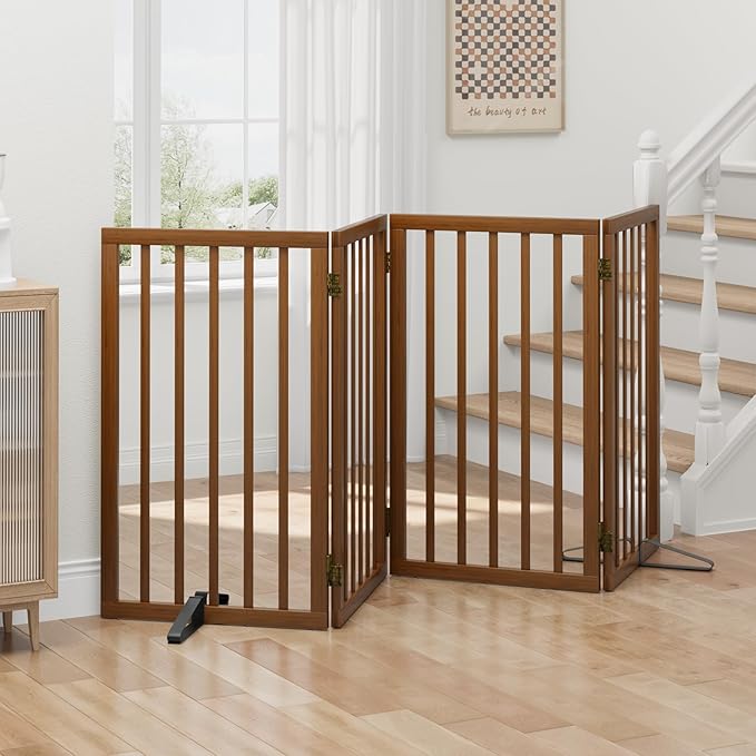 Dog Gates for Doorways, Tall Dog Gate Indoor, Foldable Pet Gates for Doorways Bedroom, Freestanding Puppy Gate with Metal Support Feet, Room Divider 4 Panels (Walnut)