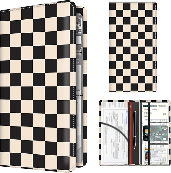 Premium Car Registration and Insurance Card Holder, Cute PU Leather Car Document Holder, Vehicle Glove Box Car Organizer with Magnetic Closure for Driver License, Cards Beige Checkerboard