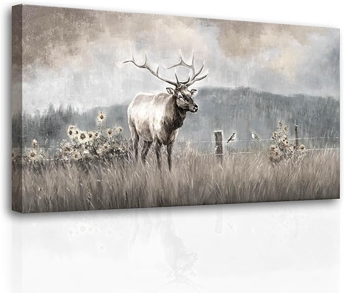 ZHENGYIN Extra Wide Panoramic Elk Canvas Wall Art,Western Deer Meadow Landscape Artwork, Neutral Misty Mountain Scene, Rustic Country Wall Decor for Great Room Living Room, Over Sectional, 29x58 Inch