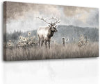 ZHENGYIN Elk & Wildflowers Canvas Wall Art, Western Deer Wildlife Meadow Landscape Artwork, Rustic Neutral Earth Tone Farmhouse Wall Decor for Entryway Bedroom, Over Console, 20x40 Inch