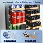 Tylza 24 Inch Wine and Beverage Refrigerator, Dual Zone Wine Beverage Cooler 24" with French Door, Under Counter Wine Beer Fridge Built-In or Freestanding, Holds 20 Bottles and 88 Cans, Black
