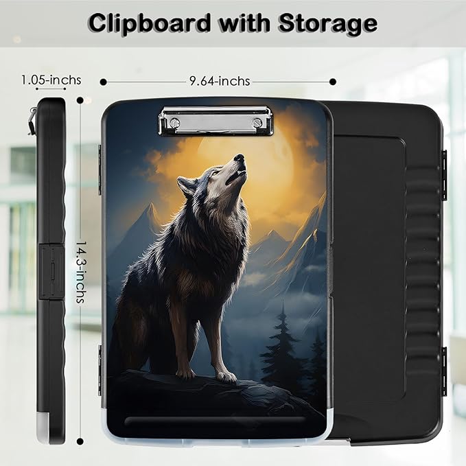 Clipboard with Storage,Office Supplies Nursing Clipboards Folder with Pen Holder Plastic Storage ClipBoard Foldable for Teacher Nurse,Wolf with Full Moon
