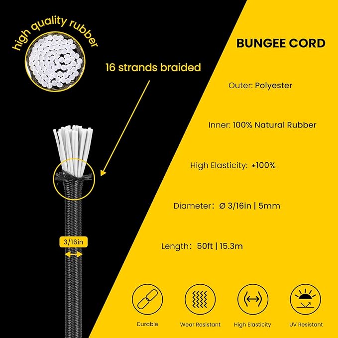 Bungee Cord Elastic Shock Cord 3/16" x 50' Bungee Rope for DIY, Tie Downs, Kayak and Outdoor - Black