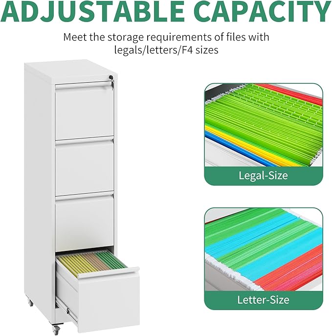 4 Drawer Mobile File Cabinet, Under Desk File Cabinet,Metal Filing Cabinets with Lock for Home Office Organizer Letter/Legal/A4,Require Assembly (White)