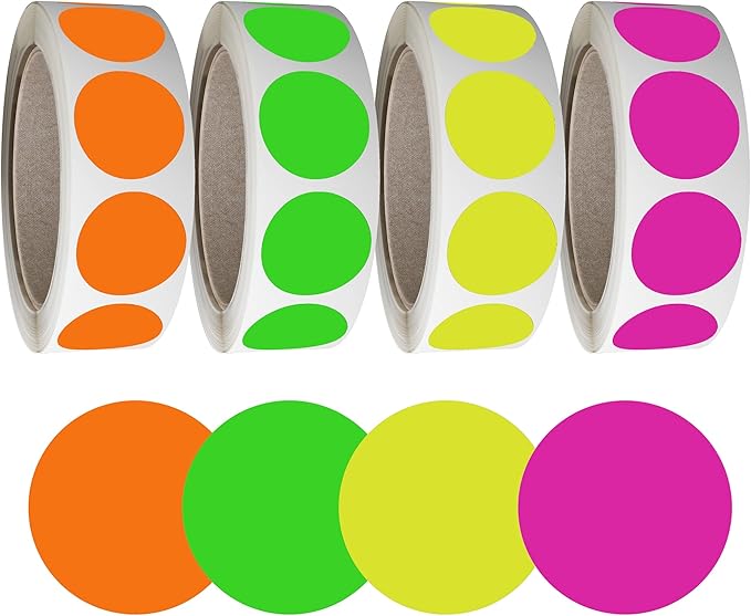Royal Green Circle Sticker Rolls 25mm in 4 Neon Colors: Green, Pink, Red, Yellow 1 Inch (25mm) Self Adhesive Label Dots - 2400 Pack